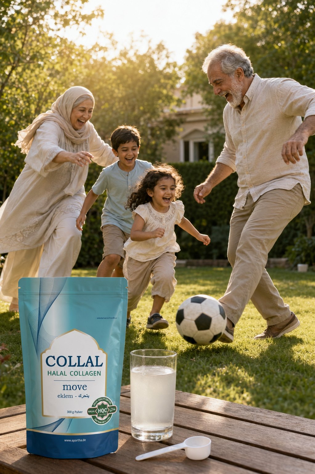 Großeltern spielen Fußball mit ihren Enkeln – Collal® move auf dem Gartentisch